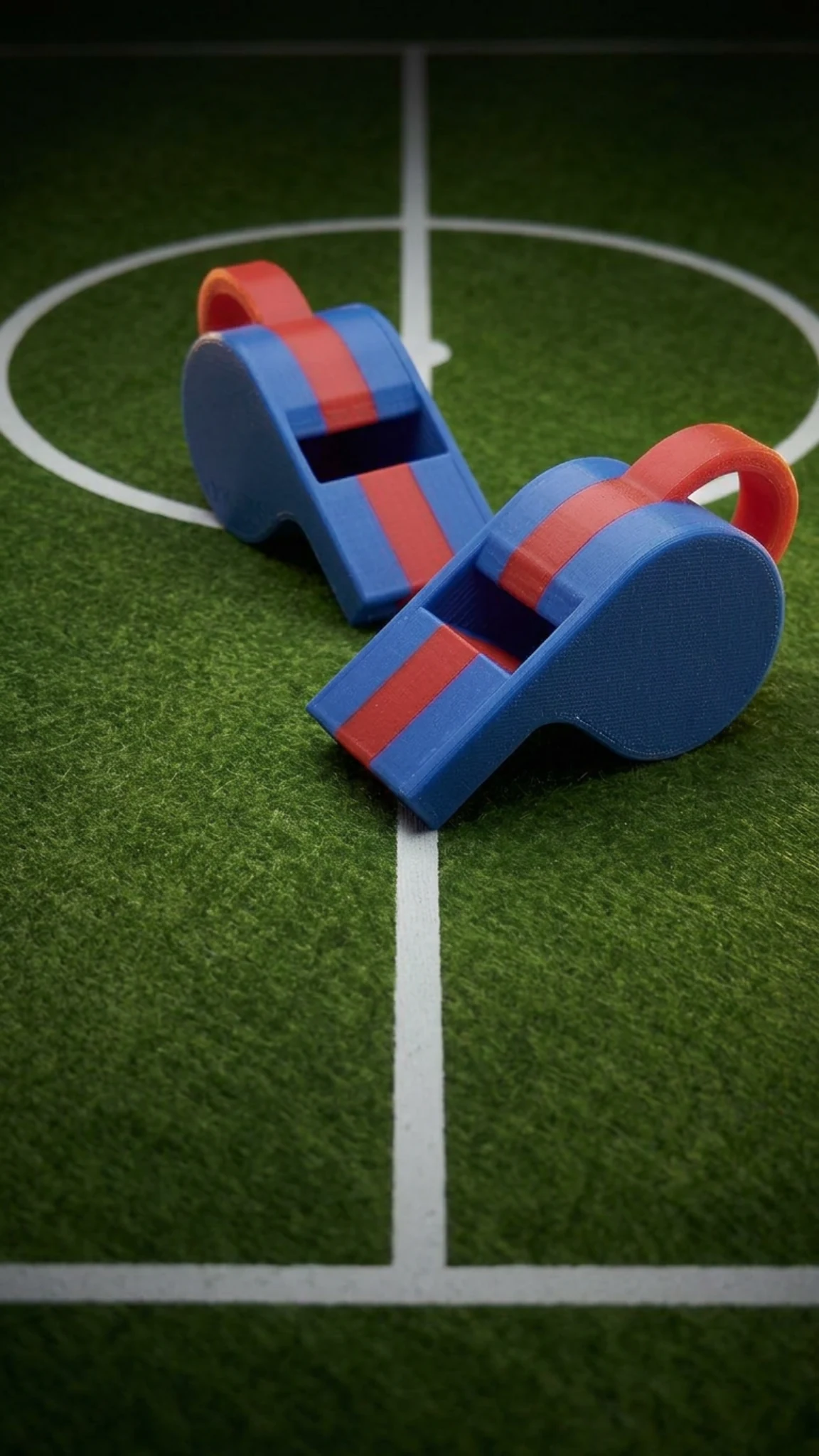 Blau-rote Footballec Pfeifen auf dem Spielfeld